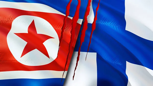 North Korea and Finland flags with scar concept. Waving flag,3D rendering. North Korea and Finland conflict concept. North Korea Finland relations concept. flag of North Korea and Finlan