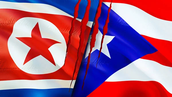 North Korea and USA Puerto Rico with scar concept. Waving flag,3D rendering. North Korea and USA conflict concept. North Korea USA relations concept. flag of North Korea and USA crisis,war, attac