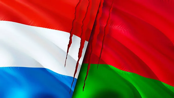 Luxembourg and Belarus flags with scar concept. Waving flag,3D rendering. Luxembourg and Belarus conflict concept. Luxembourg Belarus relations concept. flag of Luxembourg and Belarus crisis,war
