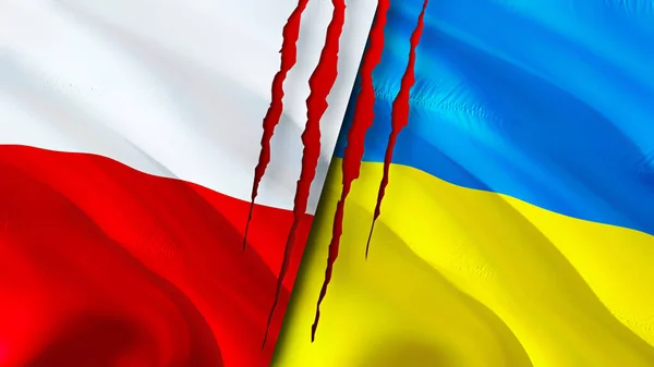 Poland and Ukraine flags with scar concept. Waving flag,3D rendering. Poland and Ukraine conflict concept. Poland Ukraine relations concept. flag of Poland and Ukraine crisis,war, attack concep