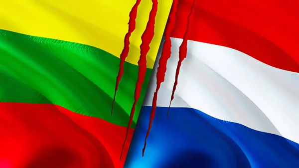 Lithuania and Netherlands flags with scar concept. Waving flag,3D rendering. Lithuania and Netherlands conflict concept. Lithuania Netherlands relations concept. flag of Lithuania and Netherland
