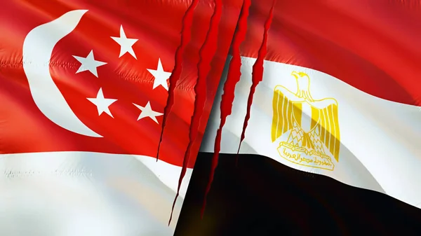 Singapore and Egypt flags with scar concept. Waving flag,3D rendering. Singapore and Egypt conflict concept. Singapore Egypt relations concept. flag of Singapore and Egypt crisis,war, attack concep