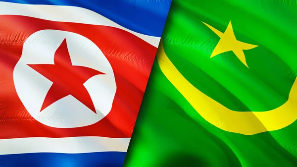 North Korea and Mauritania flags. 3D Waving flag design. North Korea Mauritania flag, picture, wallpaper. North Korea vs Mauritania image,3D rendering. North Korea Mauritania relations alliance an