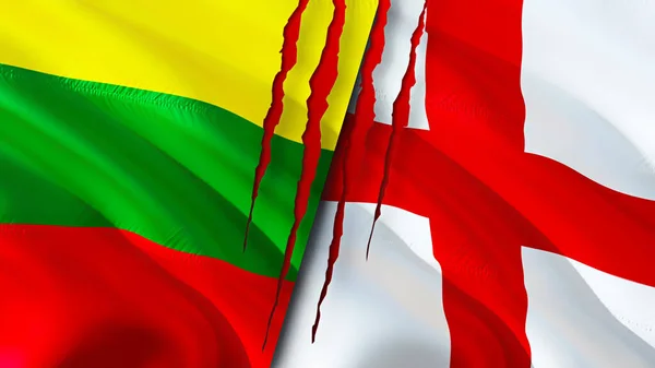 Lithuania and England flags with scar concept. Waving flag,3D rendering. Lithuania and England conflict concept. Lithuania England relations concept. flag of Lithuania and England crisis,war, attac