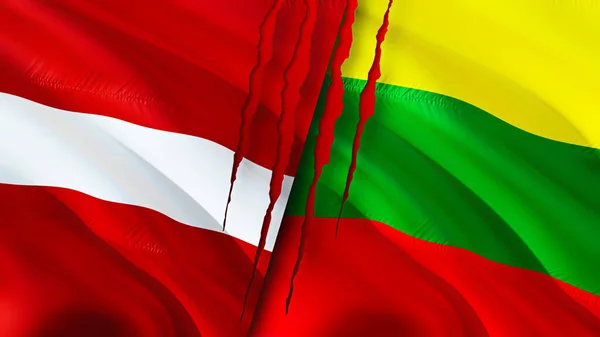 Latvia and Lithuania flags with scar concept. Waving flag,3D rendering. Latvia and Lithuania conflict concept. Latvia Lithuania relations concept. flag of Latvia and Lithuania crisis,war, attac