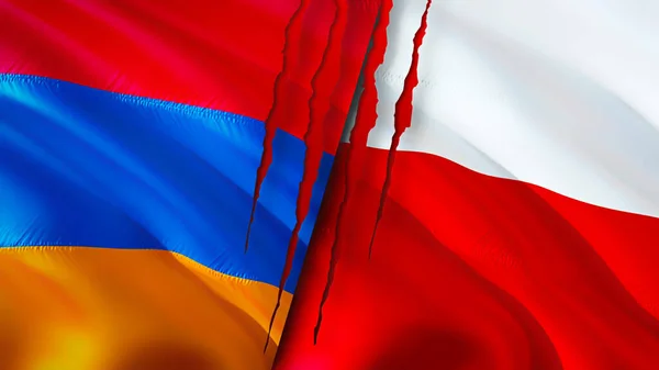 Armenia and Poland flags with scar concept. Waving flag,3D rendering. Armenia and Poland conflict concept. Armenia Poland relations concept. flag of Armenia and Poland crisis,war, attack concep