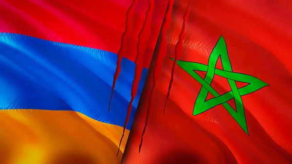 Armenia and Morocco flags with scar concept. Waving flag,3D rendering. Armenia and Morocco conflict concept. Armenia Morocco relations concept. flag of Armenia and Morocco crisis,war, attack