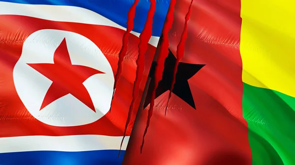 North Korea and Guinea Bissau flags with scar concept. Waving flag,3D rendering. North Korea and Guinea Bissau conflict concept. North Korea Guinea Bissau relations concept. flag of North Korea an