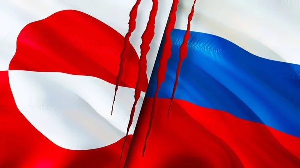 Greenland and Russia flags with scar concept. Waving flag,3D rendering. Greenland and Russia conflict concept. Greenland Russia relations concept. flag of Greenland and Russia crisis,war, attac