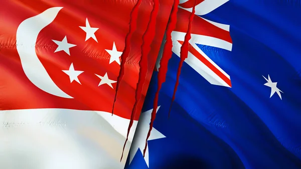 Singapore and Australia flags with scar concept. Waving flag,3D rendering. Singapore and Australia conflict concept. Singapore Australia relations concept. flag of Singapore and Australi