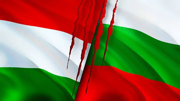 Hungary and Bulgaria flags with scar concept. Waving flag,3D rendering. Hungary and Bulgaria conflict concept. Hungary Bulgaria relations concept. flag of Hungary and Bulgaria crisis,war, attac