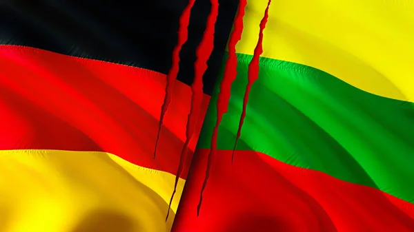 Germany and Lithuania flags with scar concept. Waving flag,3D rendering. Germany and Lithuania conflict concept. Germany Lithuania relations concept. flag of Germany and Lithuania crisis,war, attac