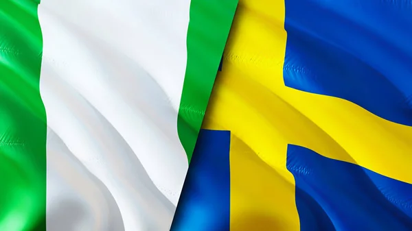 Nigeria and Sweden flags. 3D Waving flag design. Nigeria Sweden flag, picture, wallpaper. Nigeria vs Sweden image,3D rendering. Nigeria Sweden relations alliance and Trade,travel,tourism concep