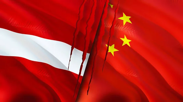 Latvia and China flags with scar concept. Waving flag,3D rendering. Latvia and China conflict concept. Latvia China relations concept. flag of Latvia and China crisis,war, attack concep