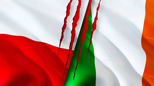 Флаги Польши Ирландии Шрамом Размахивание Флагом Рендеринг Концепция Конфликта Польше — стоковое фото