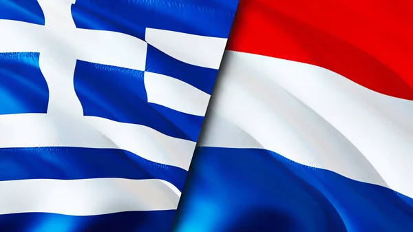 Greece and Netherlands flags. 3D Waving flag design. Greece Netherlands flag, picture, wallpaper. Greece vs Netherlands image,3D rendering. Greece Netherlands relations alliance an