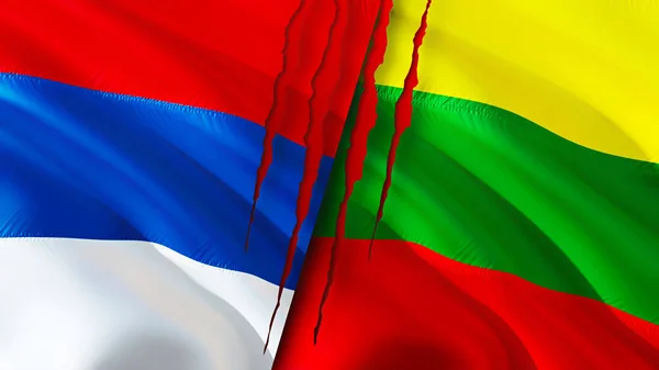 Serbia and Lithuania flags with scar concept. Waving flag,3D rendering. Serbia and Lithuania conflict concept. Serbia Lithuania relations concept. flag of Serbia and Lithuania crisis,war, attac