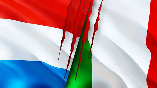 Bandeiras Luxemburgo Itália Com Conceito Cicatriz Bandeira Ondulada Renderização Conceito — Fotografia de Stock