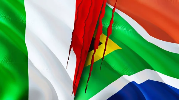 Italy and South Africa flags with scar concept. Waving flag,3D rendering. Italy and South Africa conflict concept. Italy South Africa relations concept. flag of Italy and South Africa crisis,war