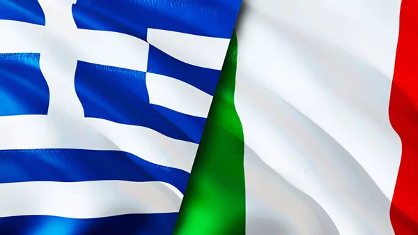 Greece and Italy flags. 3D Waving flag design. Greece Italy flag, picture, wallpaper. Greece vs Italy image,3D rendering. Greece Italy relations alliance and Trade,travel,tourism concep