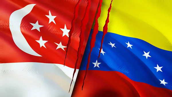 Singapore and Venezuela flags with scar concept. Waving flag,3D rendering. Singapore and Venezuela conflict concept. Singapore Venezuela relations concept. flag of Singapore and Venezuel