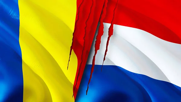 Romania and Netherlands flags with scar concept. Waving flag,3D rendering. Romania and Netherlands conflict concept. Romania Netherlands relations concept. flag of Romania and Netherland