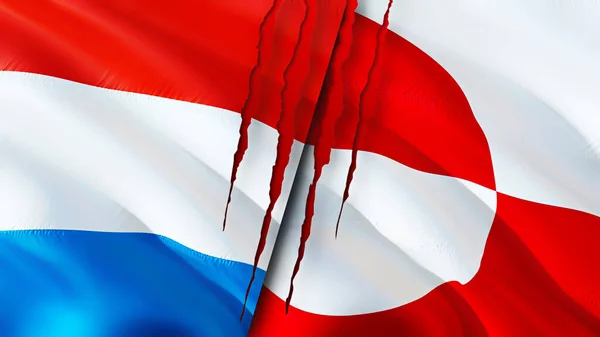 Luxemburg Och Grönland Flaggor Med Ärr Koncept Viftar Med Flaggan — Stockfoto