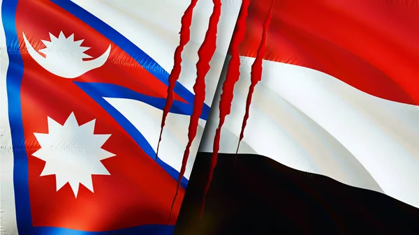 Bandeiras Nepal Iêmen Com Conceito Cicatriz Bandeira Ondulada Renderização Conceito — Fotografia de Stock