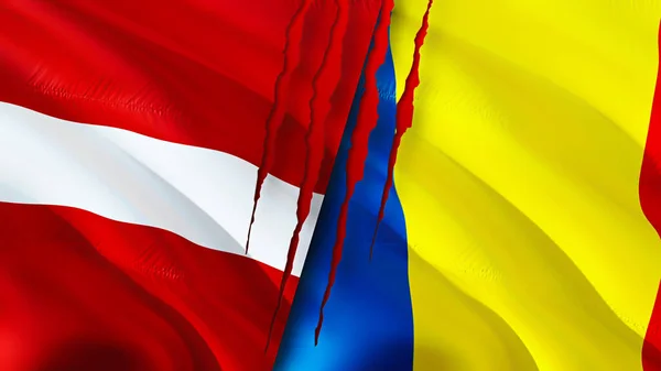 Lotyšsko Rumunsko Vlajky Koncepcí Jizvy Vlnění Vlajky Vykreslování Koncept Konfliktu — Stock fotografie