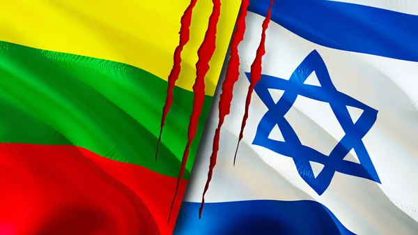 Lithuania and Israel flags with scar concept. Waving flag,3D rendering. Lithuania and Israel conflict concept. Lithuania Israel relations concept. flag of Lithuania and Israel crisis,war, attac