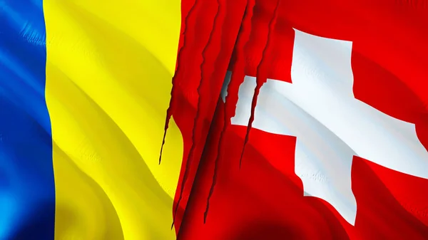 Románia Svájc Megjelöli Heg Koncepció Lengő Zászló Renderelés Románia Svájc — Stock Fotó