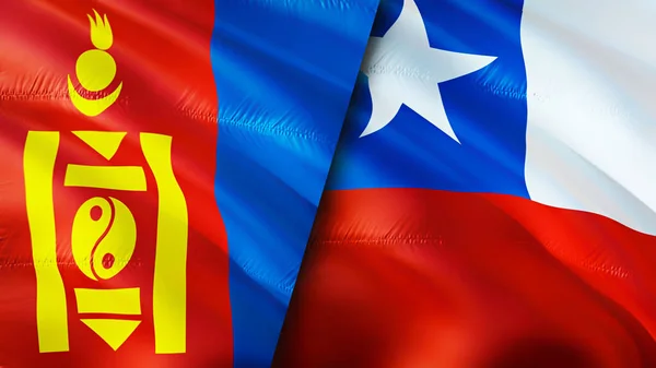 Mongolia and Chile flags. 3D Waving flag design. Mongolia Chile flag, picture, wallpaper. Mongolia vs Chile image,3D rendering. Mongolia Chile relations alliance and Trade,travel,tourism concep
