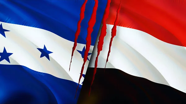 Banderas Honduras Yemen Con Concepto Cicatriz Ondeando Bandera Renderizado Concepto — Foto de Stock