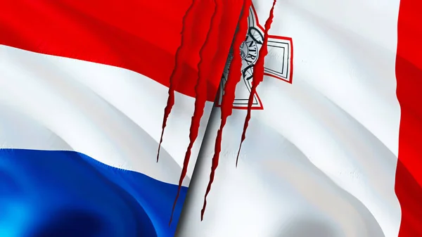 네덜란드와 몰타는 흉터가 깃발이다 웨이브 플래그 렌더링 네덜란드와 몰타의 충돌이라는 — 스톡 사진