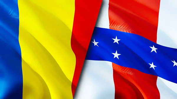 Romania and Netherlands Antilles flags. 3D Waving flag design. Romania Netherlands Antilles flag, picture, wallpaper. Romania vs Netherlands Antilles image,3D rendering. Romania Netherlands Antille