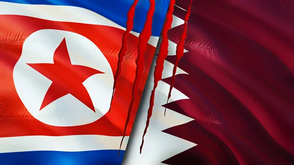 Nordkorea Und Katar Fahnen Mit Narbenkonzept Fahnenschwenken Rendering Konflikt Zwischen — Stockfoto