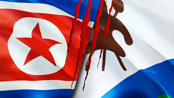 North Korea and Lesotho flags with scar concept. Waving flag,3D rendering. North Korea and Lesotho conflict concept. North Korea Lesotho relations concept. flag of North Korea and Lesoth