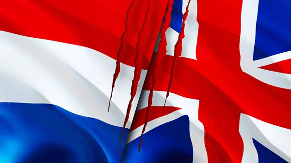Hollanda Birleşik Krallık Bayrakları Yara Izi Kavramına Sahip Dalgalanan Bayrak — Stok fotoğraf