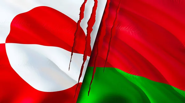 Greenland and Belarus flags with scar concept. Waving flag,3D rendering. Greenland and Belarus conflict concept. Greenland Belarus relations concept. flag of Greenland and Belarus crisis,war, attac