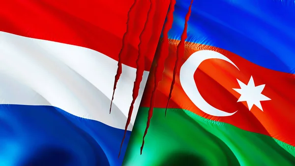 Netherlands and Azerbaijan flags with scar concept. Waving flag,3D rendering. Netherlands and Azerbaijan conflict concept. Netherlands Azerbaijan relations concept. flag of Netherlands an