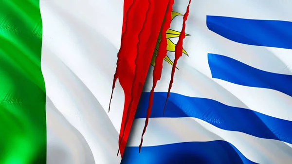 Italië Uruguay Vlaggen Met Litteken Concept Wuivende Vlag Weergave Italië — Stockfoto
