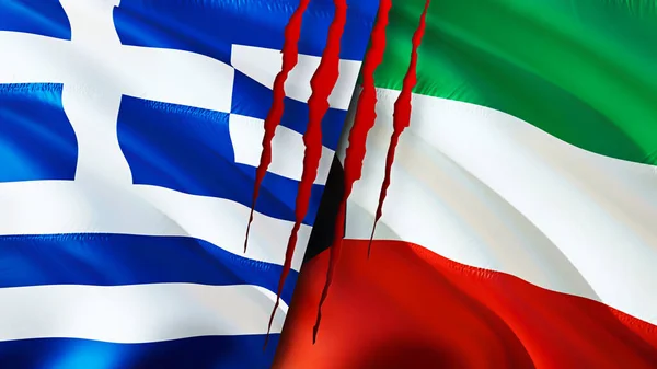 Greece and Kuwait flags with scar concept. Waving flag,3D rendering. Greece and Kuwait conflict concept. Greece Kuwait relations concept. flag of Greece and Kuwait crisis,war, attack concep