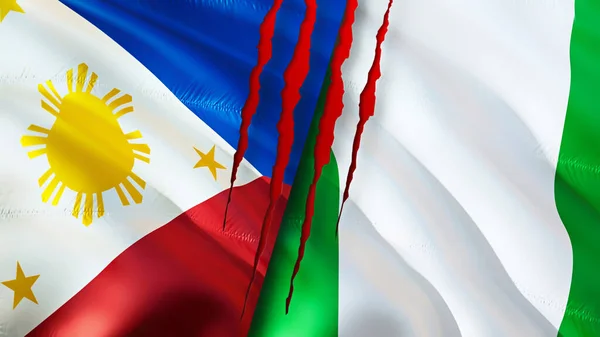 Filipina Dan Nigeria Bendera Dengan Konsep Bekas Luka Mengayunkan Bendera — Stok Foto