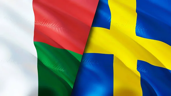 Madagascar and Sweden flags. 3D Waving flag design. Madagascar Sweden flag, picture, wallpaper. Madagascar vs Sweden image,3D rendering. Madagascar Sweden relations alliance and Trade,travel,touris