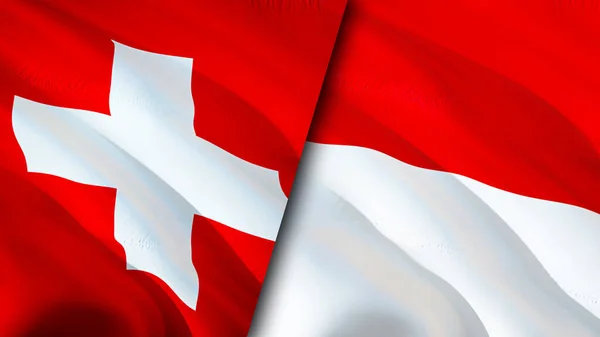 スイスとモナコの旗 3D波動旗のデザイン スイスモナコの旗 スイス対モナコの画像 3Dレンダリング スイスモナコとの提携 — ストック写真