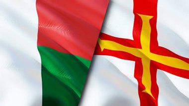 Madagaskar ve Guernsey bayrakları. 3 boyutlu dalgalanan bayrak tasarımı. Madagaskar Guernsey bayrağı, resim, duvar kağıdı. Madagaskar, Guernsey 'e karşı, görüntü 3 boyutlu. Madagaskar Guernsey İlişkiler Birliği