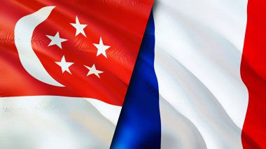 Singapur ve Fransa bayrakları. 3 boyutlu dalgalanan bayrak tasarımı. Singapur Fransa bayrağı, resim, duvar kağıdı. Singapur Fransa 'ya karşı, görüntü 3 boyutlu. Singapur Fransa ilişkileri ittifak ve ticaret, seyahat, turnuva