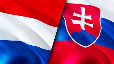 Hollanda ve Slovakya bayrakları. 3 boyutlu dalgalanan bayrak tasarımı. Hollanda Slovakya bayrağı, resim, duvar kağıdı. Hollanda, Slovakya 'ya karşı, görüntü 3D. Hollanda Slovakya ilişkileri ittifakı