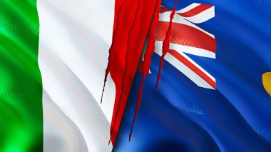 İtalya ve Saint Helena bayrakları yara izi konseptiyle. Dalgalanan bayrak, 3 boyutlu görüntüleme. İtalya ve Saint Helena çatışma konsepti. İtalya Saint Helena ilişkileri kavramı. İtalya bayrağı ve Saint Helena krizi, savaş