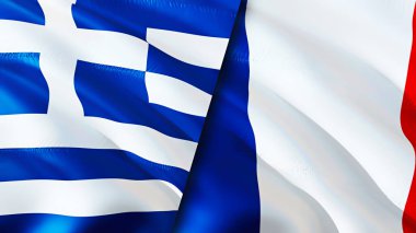 Yunanistan ve Fransa bayrakları. 3 boyutlu dalgalanan bayrak tasarımı. Yunanistan Fransa bayrağı, resim, duvar kağıdı. Yunanistan Fransa 'ya karşı, görüntü 3D. Yunanistan Fransa ilişkileri ittifak ve ticaret, seyahat ve turizm kavramları